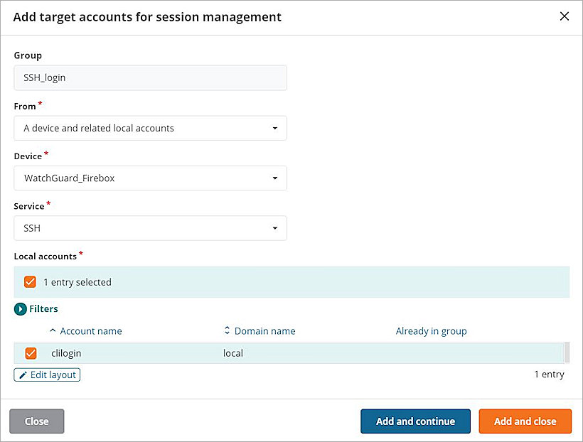 Screen shot of the Add Target Accounts for Session Management dialog box